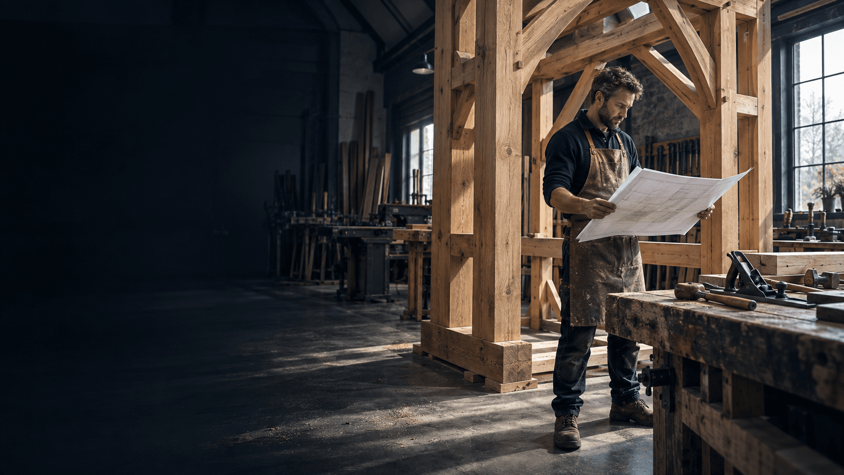 Carpenter reviewing construction drawings in a joinery workshop