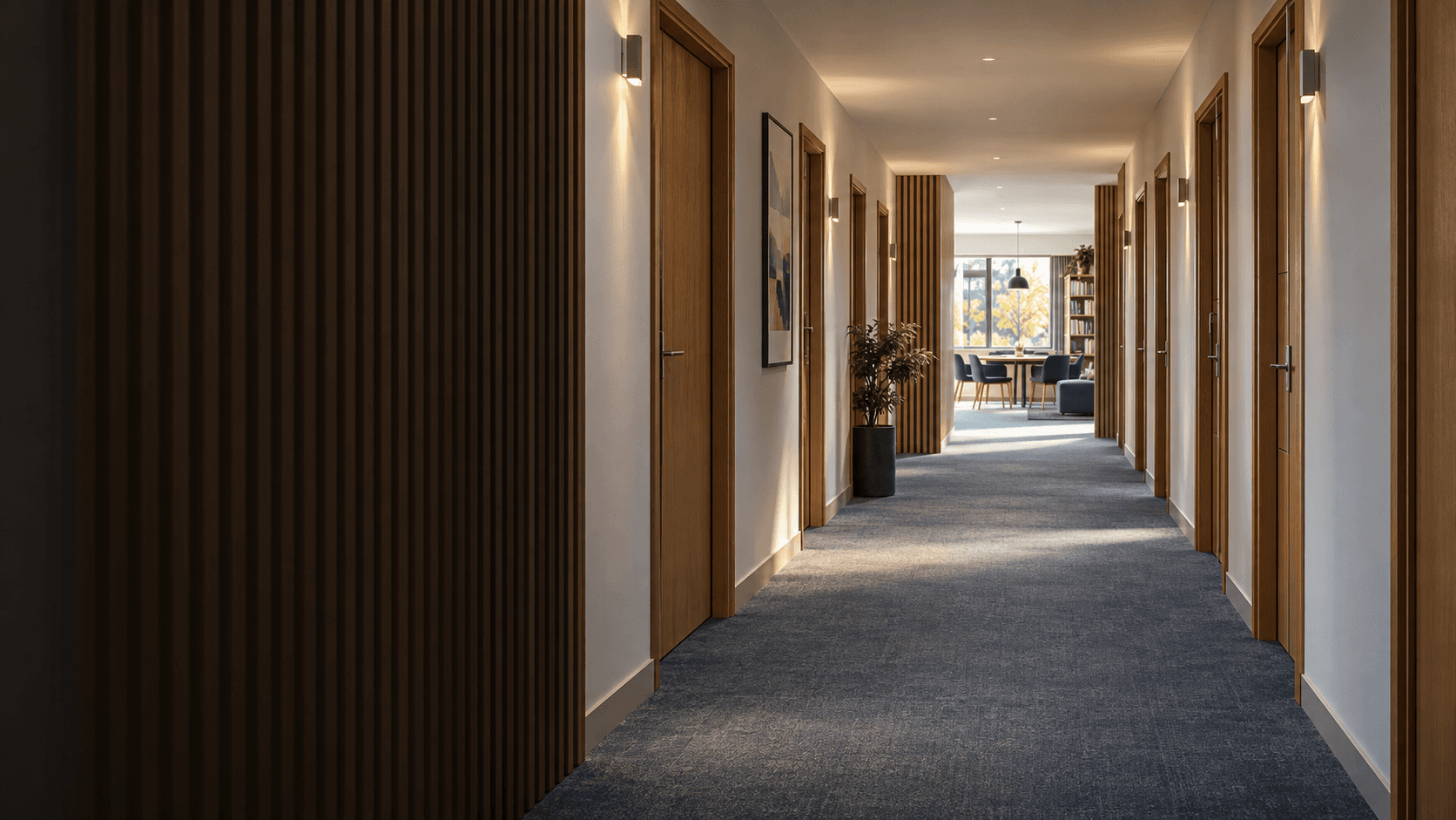 Completed university accommodation corridor with oak doors